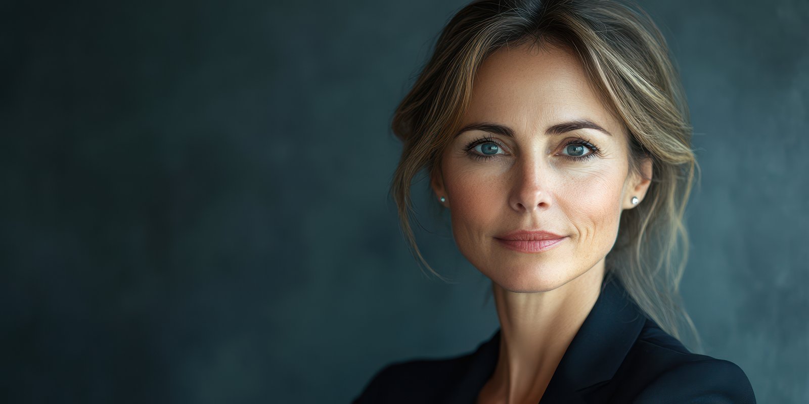 Woman in a black blazer poses confidently against a softly lit background showcasing her elegant features